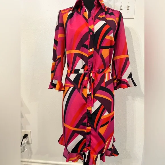 Trina Turk Nat Drawstring Shirt Dress Pink Geometric Print Size XS - Picture 3 of 16
